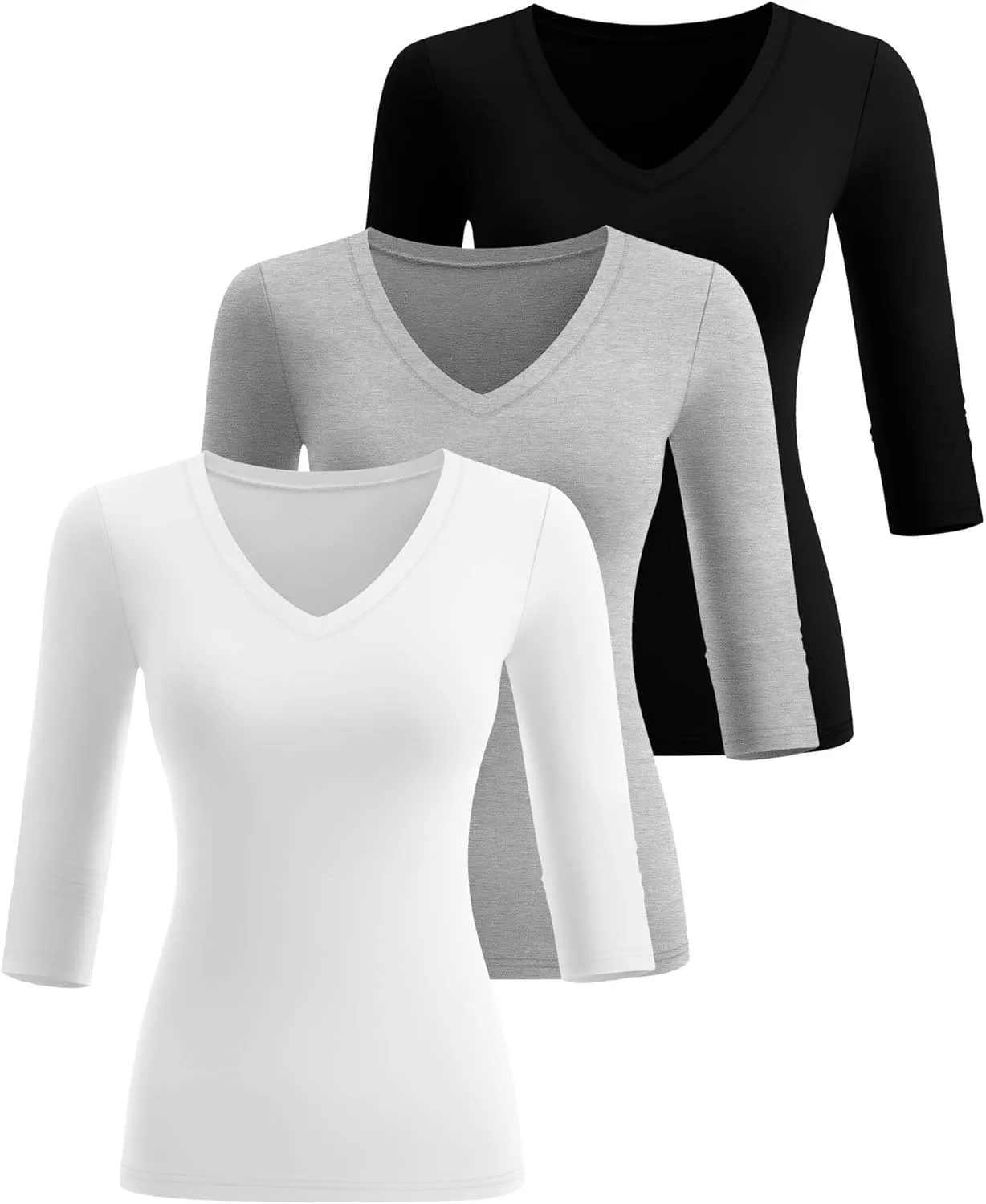 Huukeay 3 Pack Women's 3/4 Sleeve T-Shirts, Summer Cotton V Neck Slim Fit Tops Casual Tight Going Out Blouse Basic Layer Tees