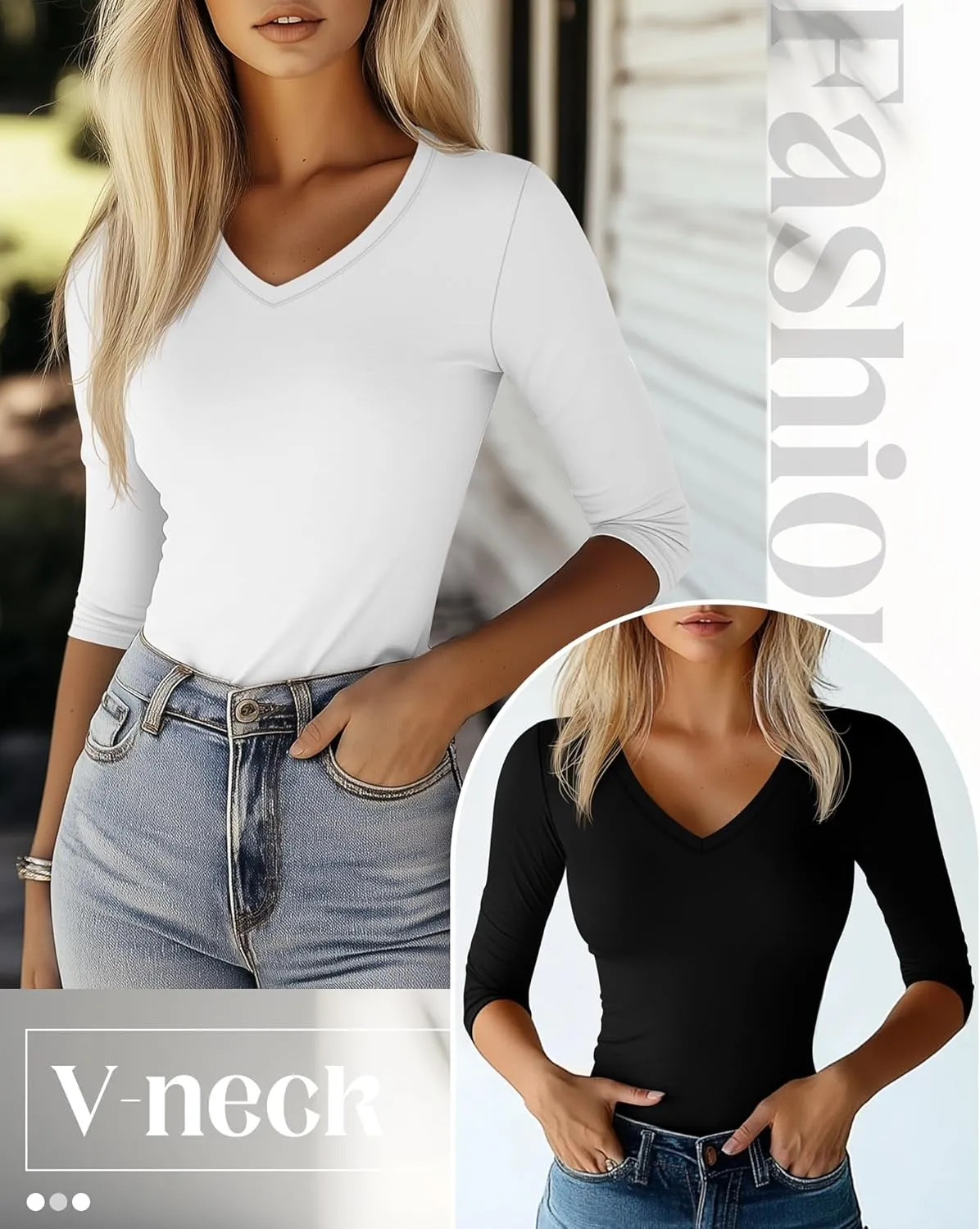 Huukeay 3 Pack Women's 3/4 Sleeve T-Shirts, Summer Cotton V Neck Slim Fit Tops Casual Tight Going Out Blouse Basic Layer Tees