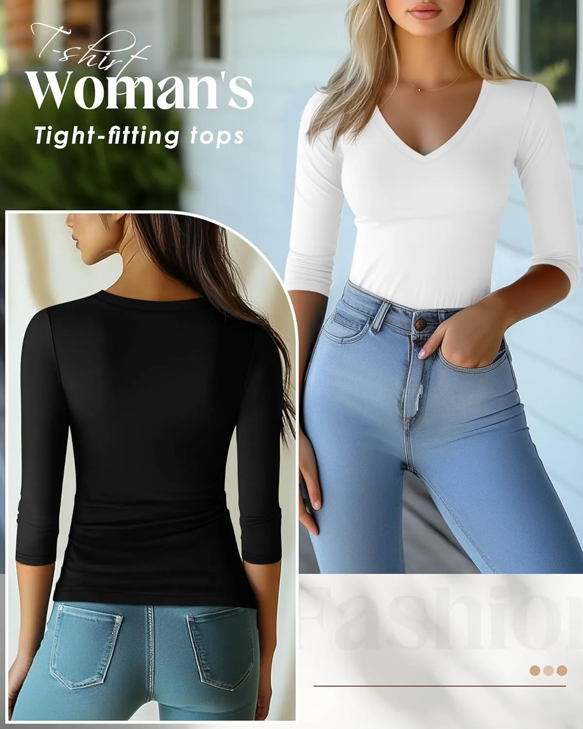 Huukeay 3 Pack Women's 3/4 Sleeve T-Shirts, Summer Cotton V Neck Slim Fit Tops Casual Tight Going Out Blouse Basic Layer Tees