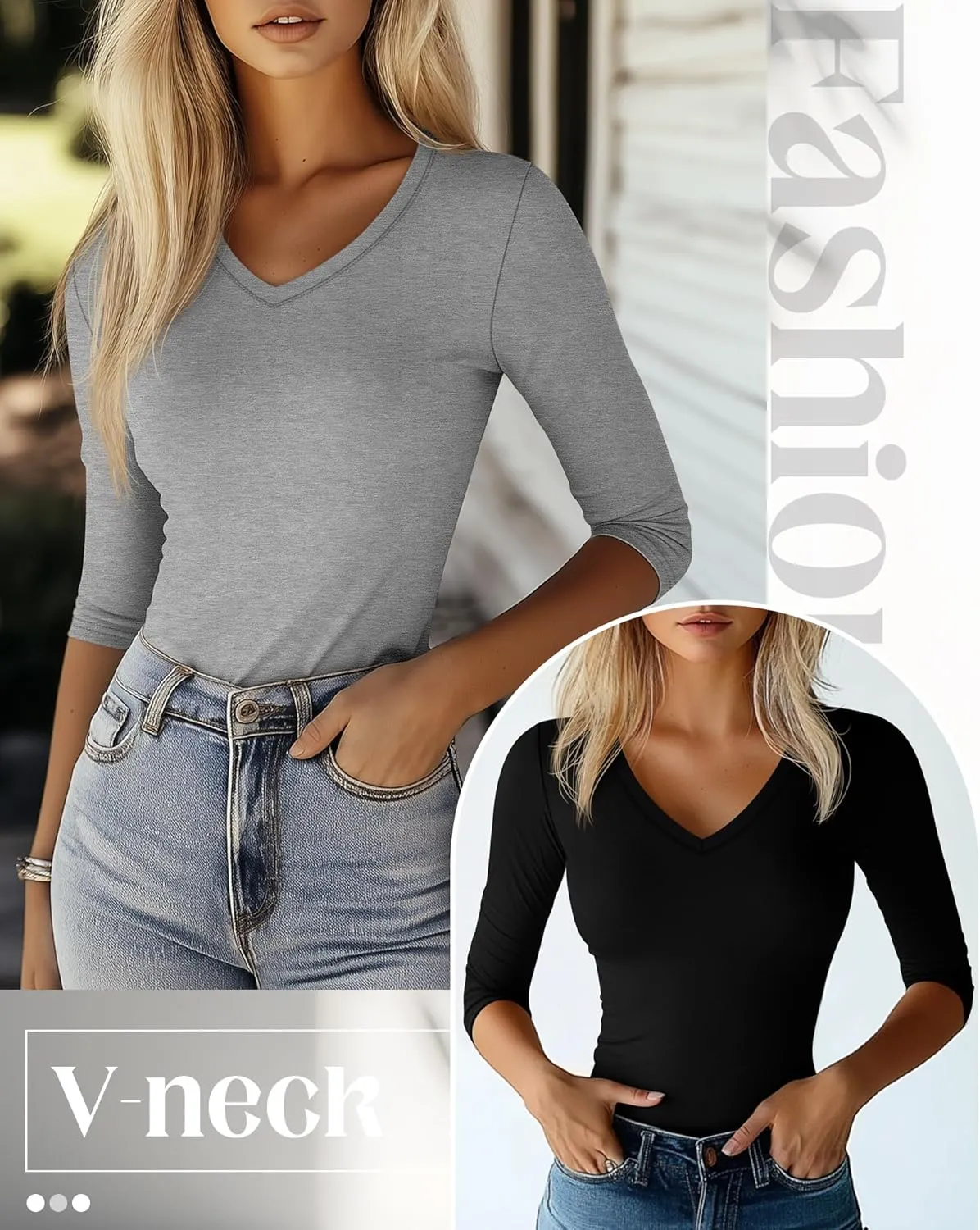 Huukeay 3 Pack Women's 3/4 Sleeve T-Shirts, Summer Cotton V Neck Slim Fit Tops Casual Tight Going Out Blouse Basic Layer Tees