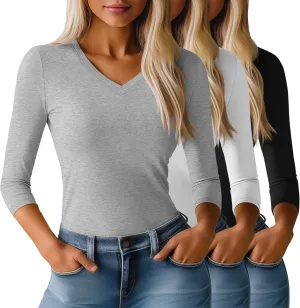 Huukeay 3 Pack Women's 3/4 Sleeve T-Shirts, Summer Cotton V Neck Slim Fit Tops Casual Tight Going Out Blouse Basic Layer Tees