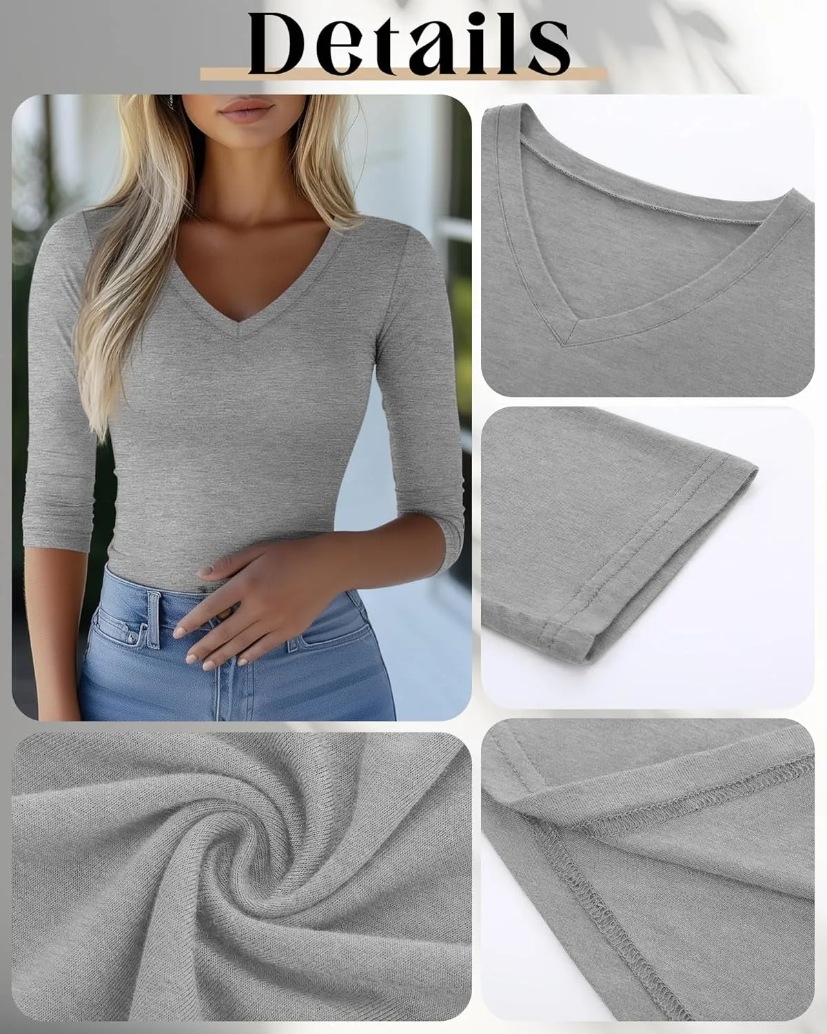 Huukeay 3 Pack Women's 3/4 Sleeve T-Shirts, Summer Cotton V Neck Slim Fit Tops Casual Tight Going Out Blouse Basic Layer Tees