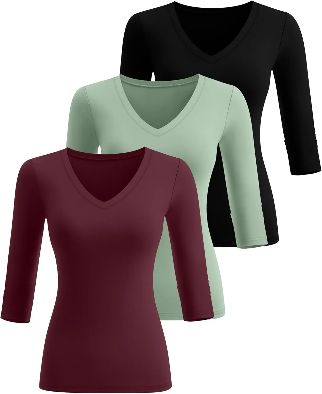 Huukeay 3 Pack Women's 3/4 Sleeve T-Shirts, Summer Cotton V Neck Slim Fit Tops Casual Tight Going Out Blouse Basic Layer Tees
