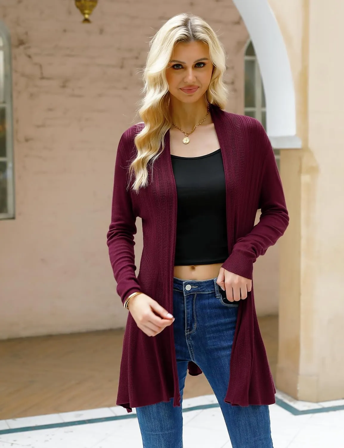 iClosam Women Open Front Cardigans Long Sleeve Lightweight Knit Cardigan Sweater