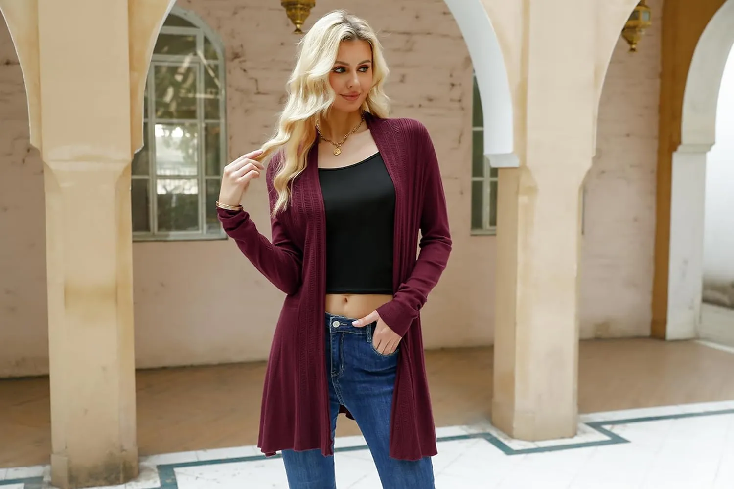iClosam Women Open Front Cardigans Long Sleeve Lightweight Knit Cardigan Sweater