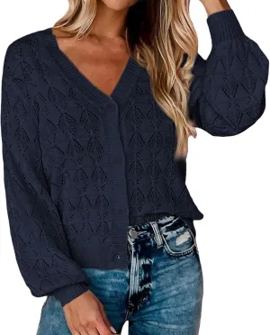 iLH Womens Cardigan 2024 Fall Lightweight Open Front Sweater V Neck Button Down Knit Outerwear Loose Crochet Jacket