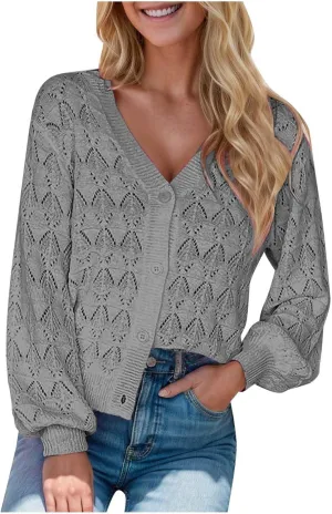 iLH Womens Cardigan 2024 Fall Lightweight Open Front Sweater V Neck Button Down Knit Outerwear Loose Crochet Jacket