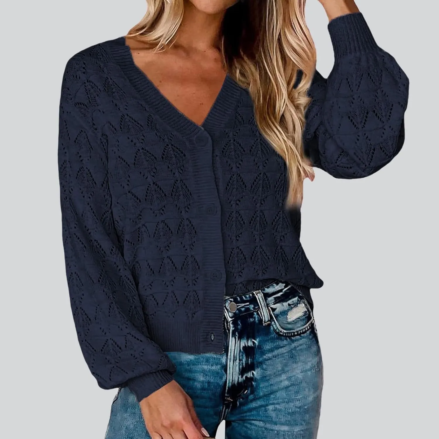 iLH Womens Cardigan 2024 Fall Lightweight Open Front Sweater V Neck Button Down Knit Outerwear Loose Crochet Jacket