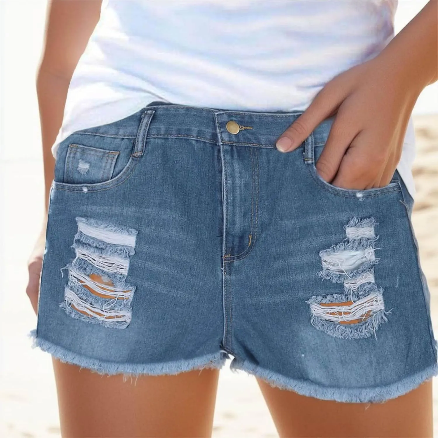 Jean Shorts for Women Sexy Ripped Mid Rise Summer Hot Raw Hem Denim Shorts with Pockets Fashion Street Casual Shorts