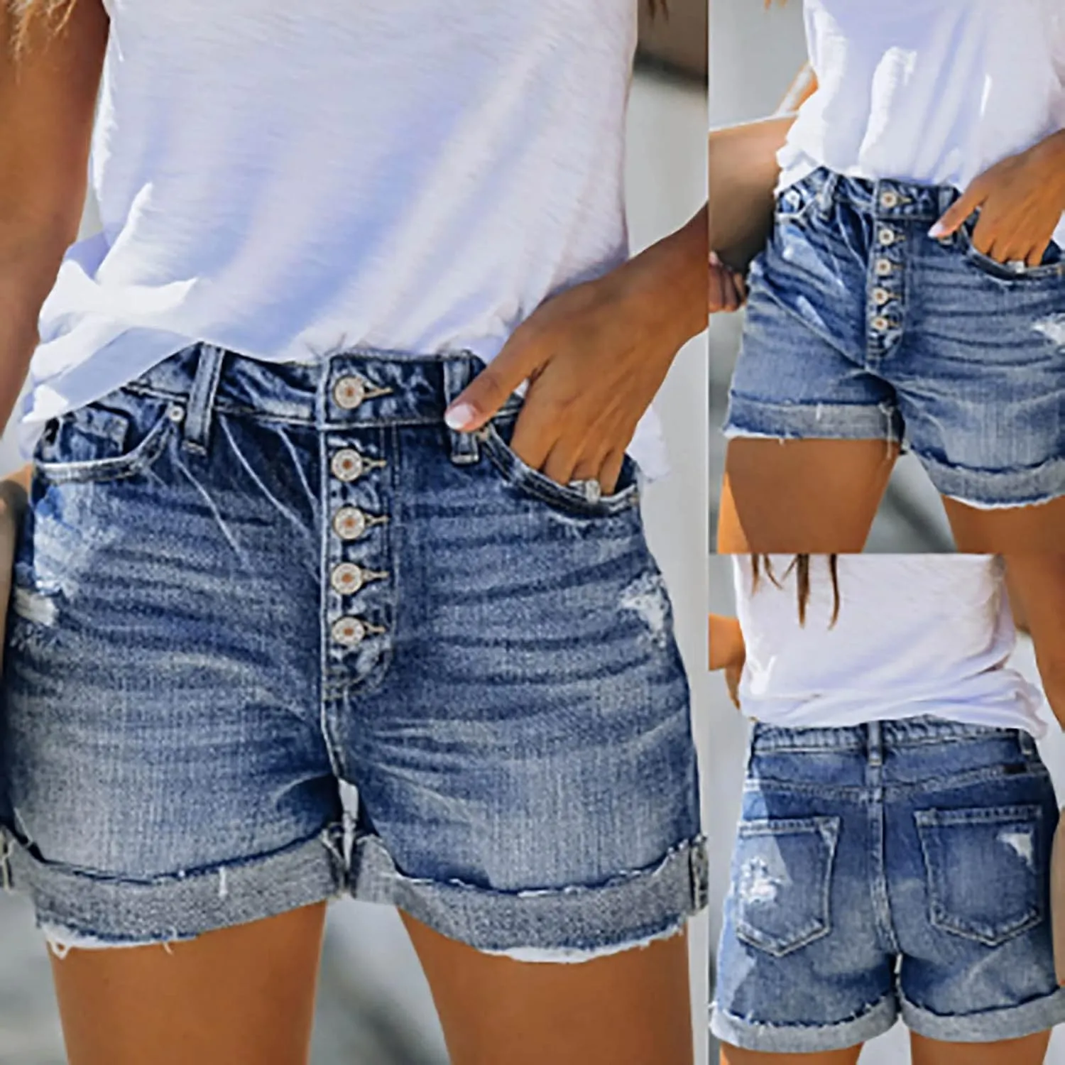 Jean Shorts Women Mid Rise Ripped Jean Shorts Stretchy Retro Denim Shorts Folded Hem Hot Short