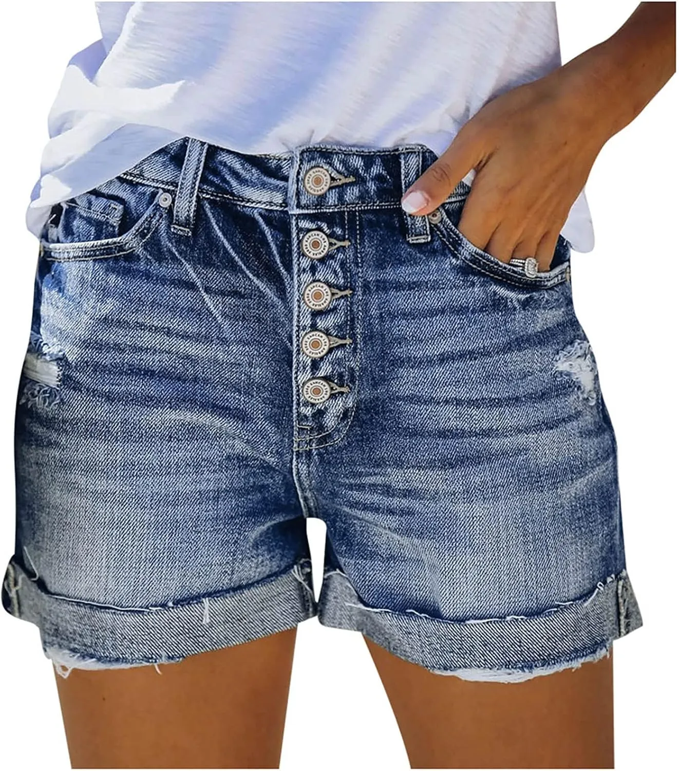Jean Shorts Women Mid Rise Ripped Jean Shorts Stretchy Retro Denim Shorts Folded Hem Hot Short