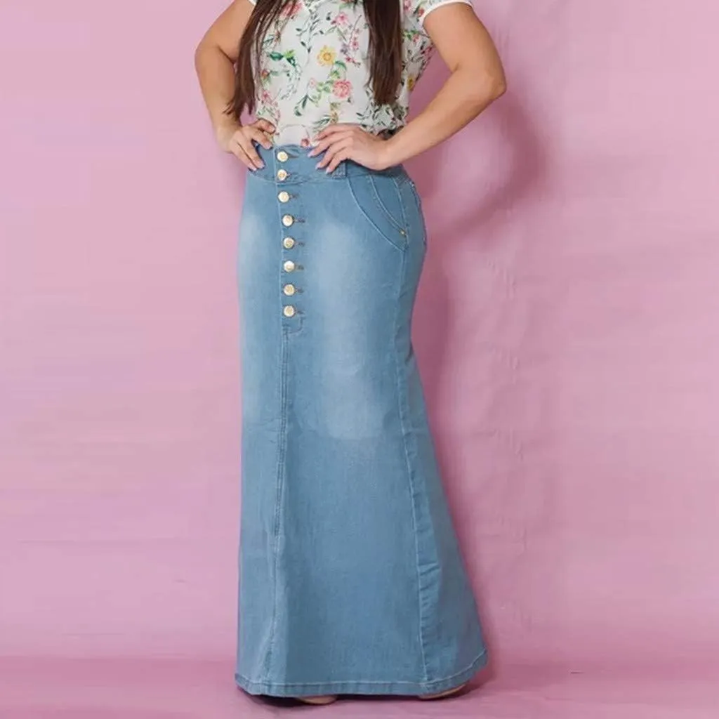 Jean Skirts for Women Trendy Front Button Flared Slim Stretchy Casual Long Denim Skirts for Summer Streetwear