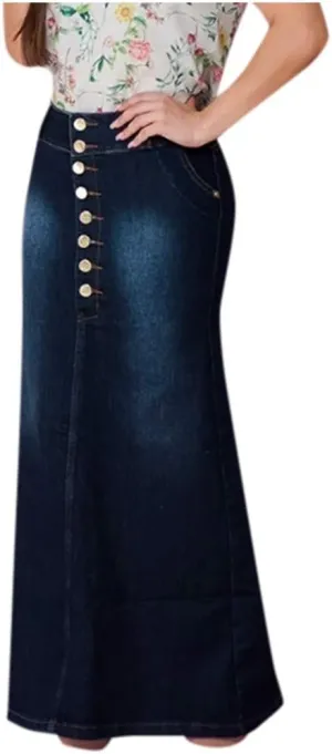 Jean Skirts for Women Trendy Front Button Flared Slim Stretchy Casual Long Denim Skirts for Summer Streetwear