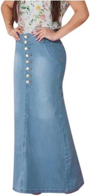 Jean Skirts for Women Trendy Front Button Flared Slim Stretchy Casual Long Denim Skirts for Summer Streetwear