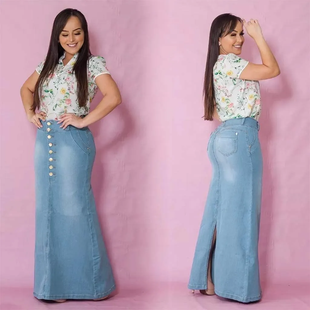 Jean Skirts for Women Trendy Front Button Flared Slim Stretchy Casual Long Denim Skirts for Summer Streetwear