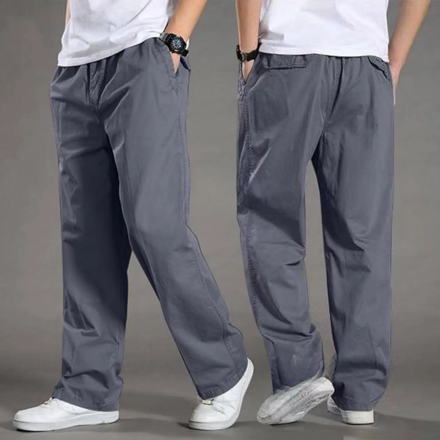 JEShifangjiusu Men's Relaxed Fit Elastic Waist Straight-Leg Chino Pant Casual Cotton Pants Loose Comfy Trousers
