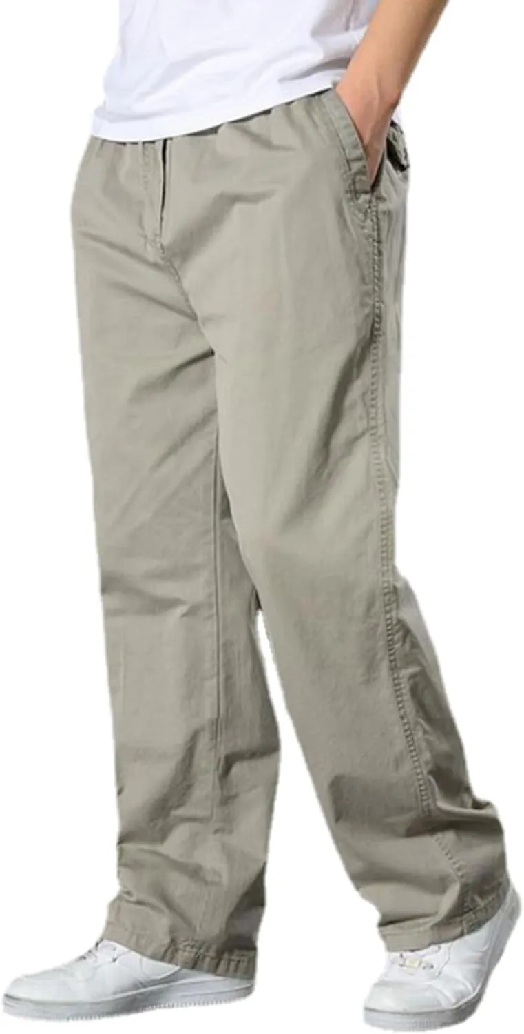 JEShifangjiusu Men's Relaxed Fit Elastic Waist Straight-Leg Chino Pant Casual Cotton Pants Loose Comfy Trousers