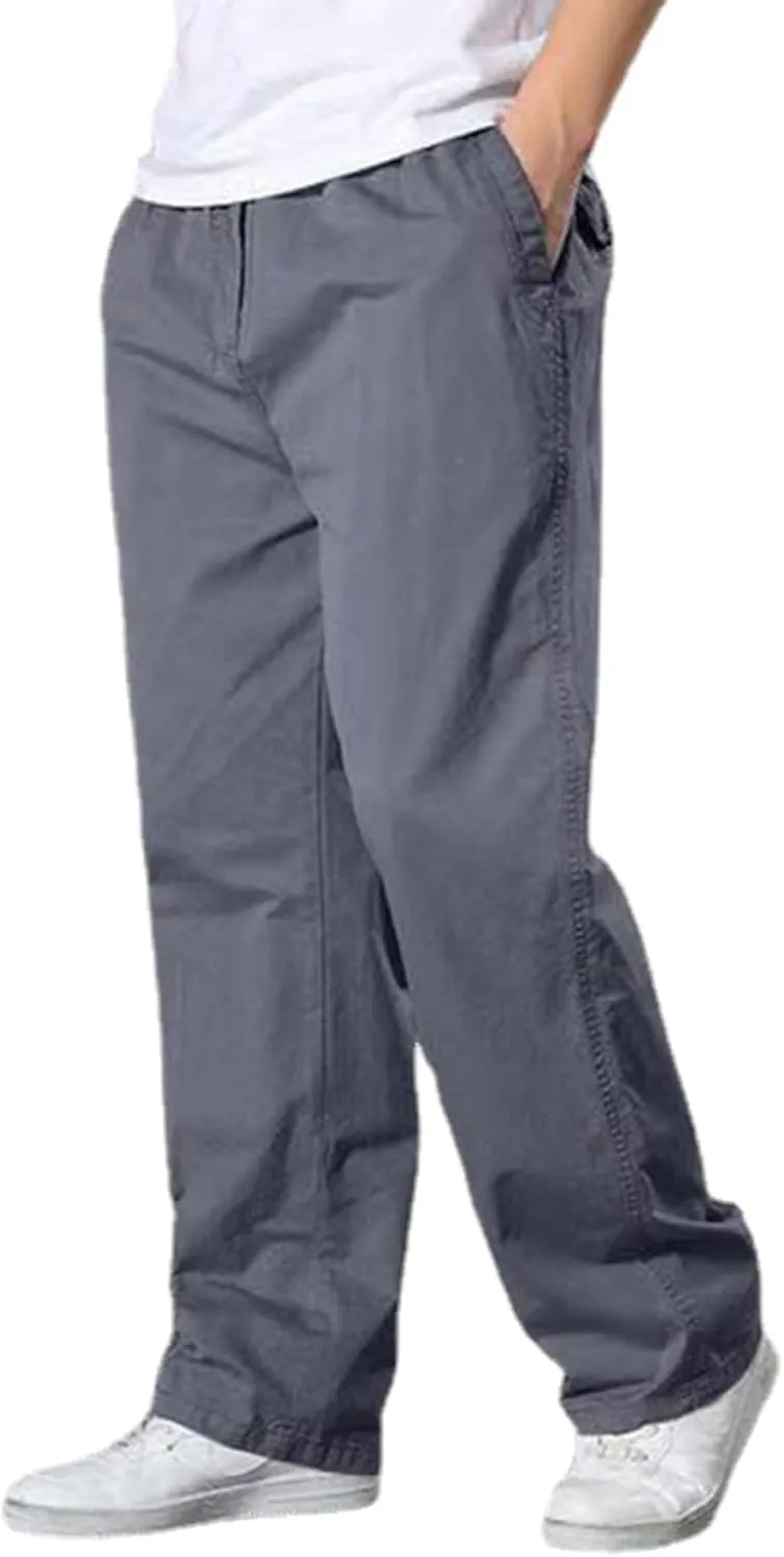 JEShifangjiusu Men's Relaxed Fit Elastic Waist Straight-Leg Chino Pant Casual Cotton Pants Loose Comfy Trousers