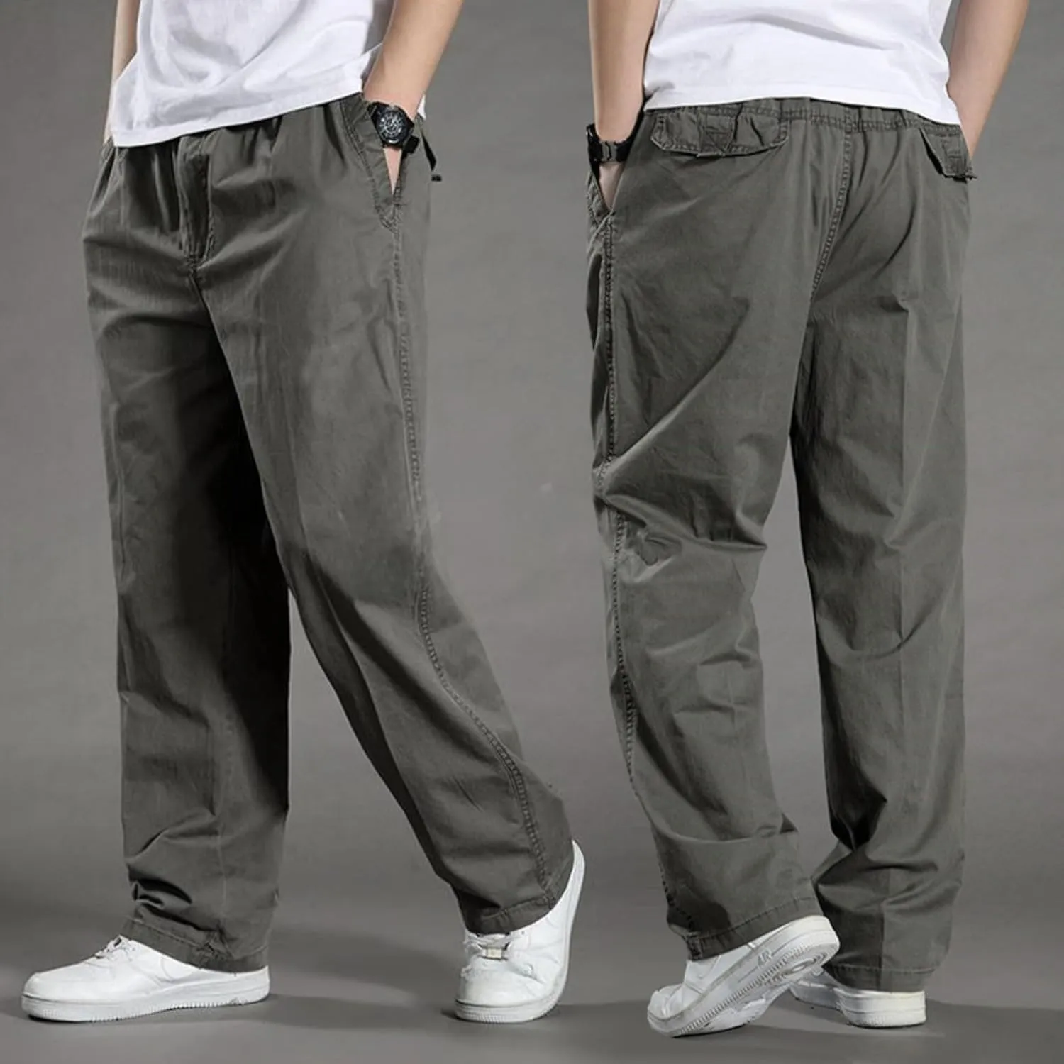 JEShifangjiusu Men's Relaxed Fit Elastic Waist Straight-Leg Chino Pant Casual Cotton Pants Loose Comfy Trousers
