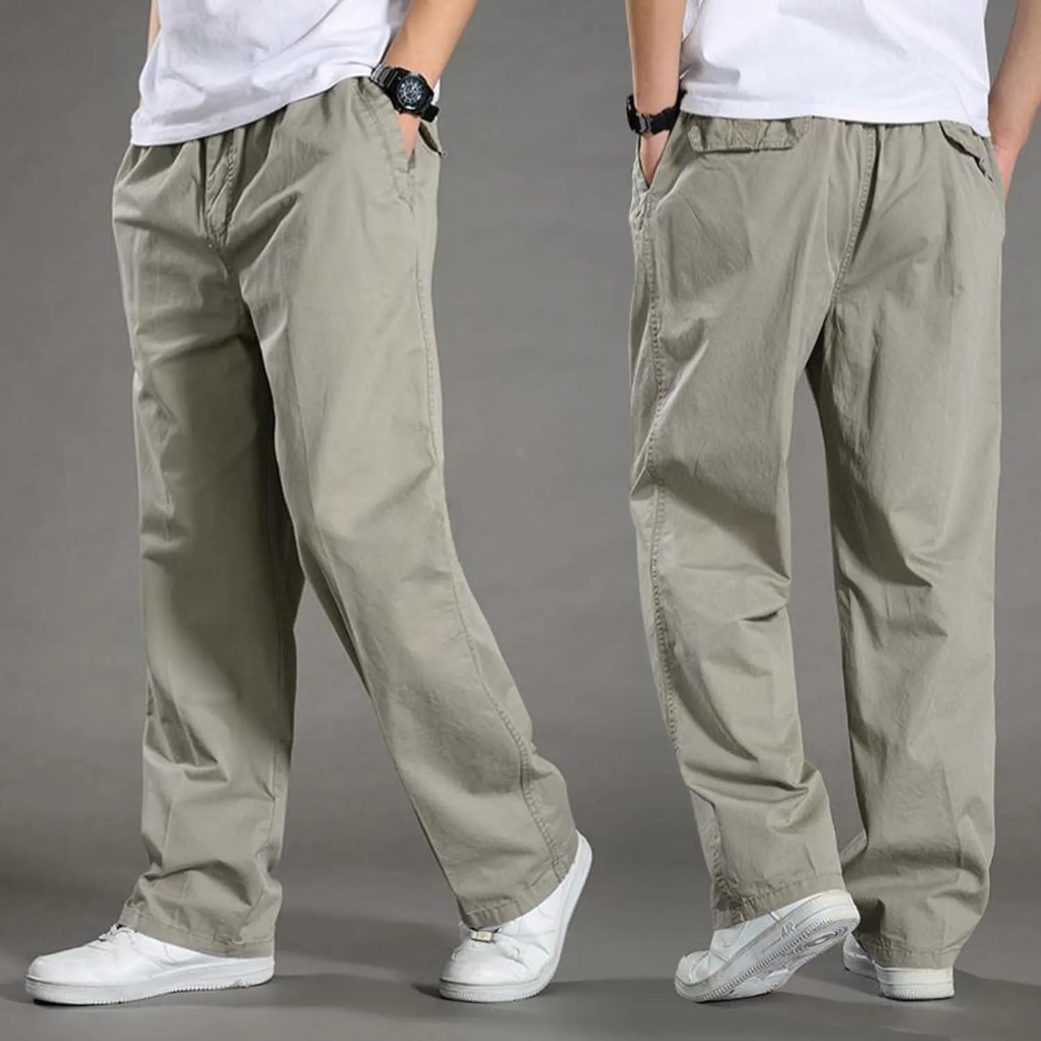 JEShifangjiusu Men's Relaxed Fit Elastic Waist Straight-Leg Chino Pant Casual Cotton Pants Loose Comfy Trousers