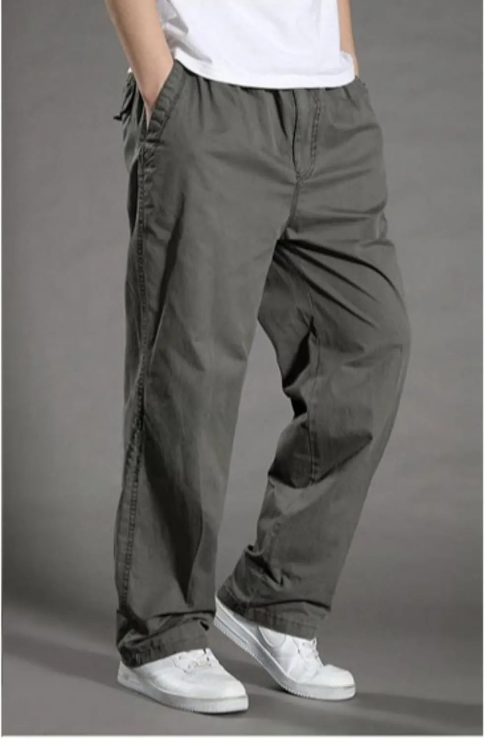 JEShifangjiusu Men's Relaxed Fit Elastic Waist Straight-Leg Chino Pant Casual Cotton Pants Loose Comfy Trousers