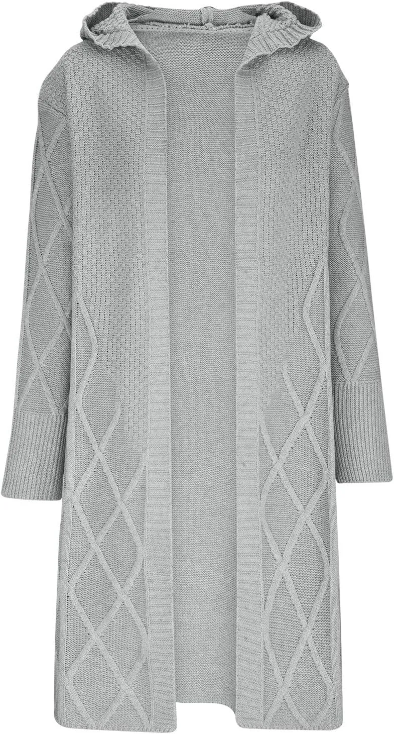JOAU Women's Long Sleeve Open Front Cardigan Chunky Cable Knit Hooded Sweater Casual Loose Fit Midi Fall Winter Coat Top
