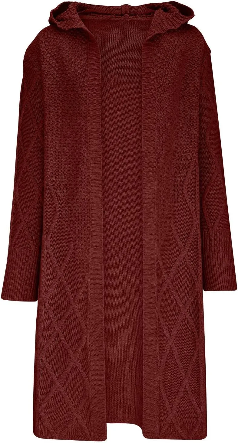 JOAU Women's Long Sleeve Open Front Cardigan Chunky Cable Knit Hooded Sweater Casual Loose Fit Midi Fall Winter Coat Top