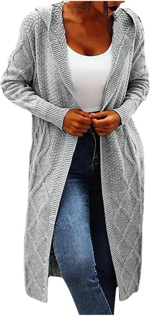 JOAU Women's Long Sleeve Open Front Cardigan Chunky Cable Knit Hooded Sweater Casual Loose Fit Midi Fall Winter Coat Top