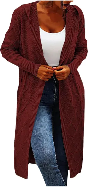 JOAU Women's Long Sleeve Open Front Cardigan Chunky Cable Knit Hooded Sweater Casual Loose Fit Midi Fall Winter Coat Top