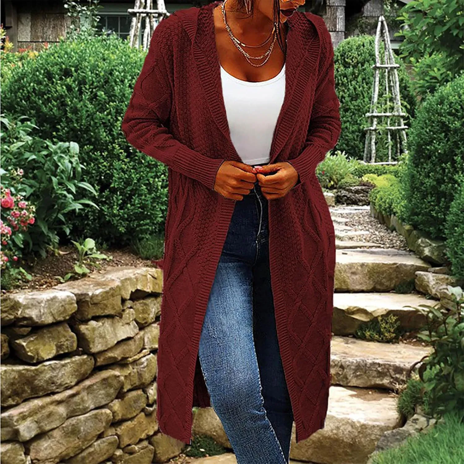 JOAU Women's Long Sleeve Open Front Cardigan Chunky Cable Knit Hooded Sweater Casual Loose Fit Midi Fall Winter Coat Top