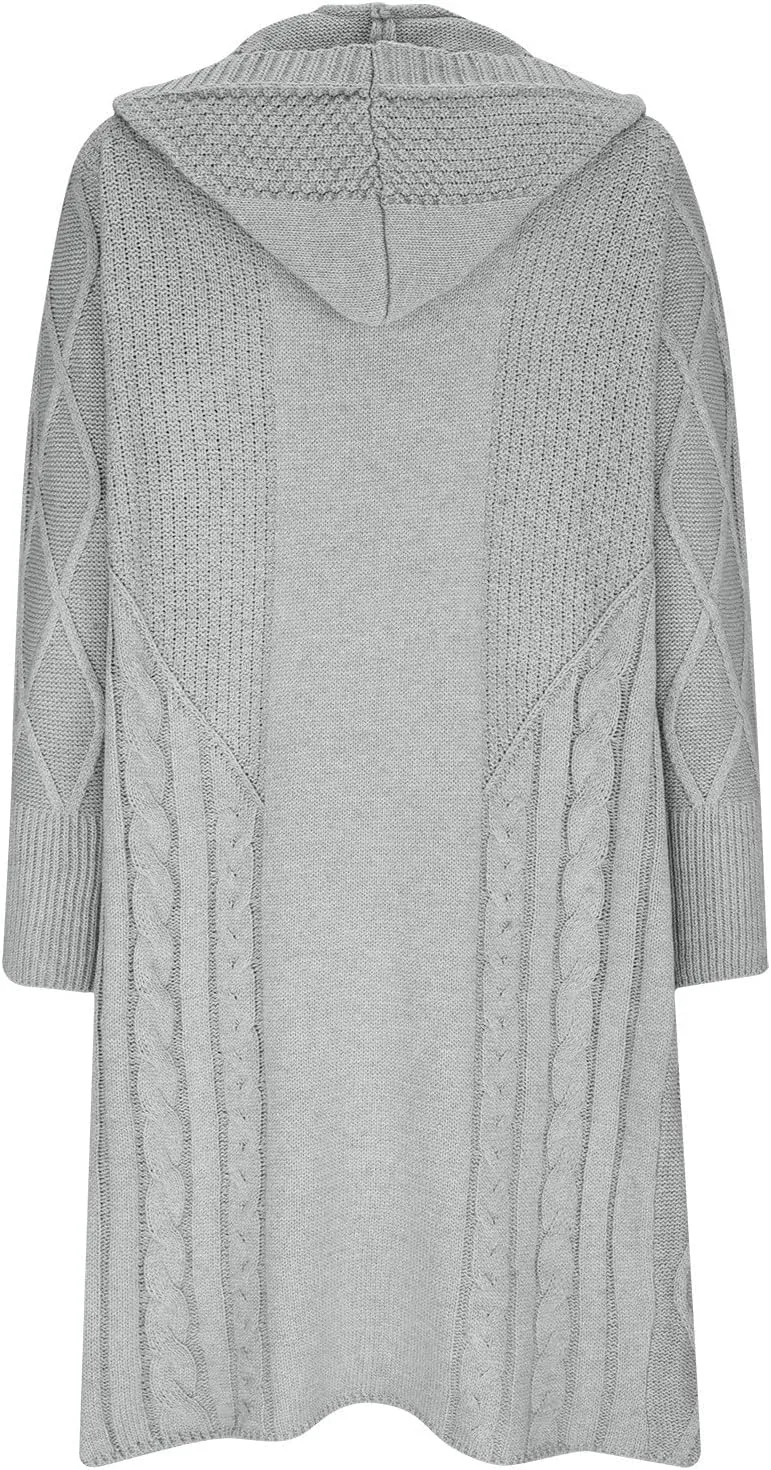 JOAU Women's Long Sleeve Open Front Cardigan Chunky Cable Knit Hooded Sweater Casual Loose Fit Midi Fall Winter Coat Top