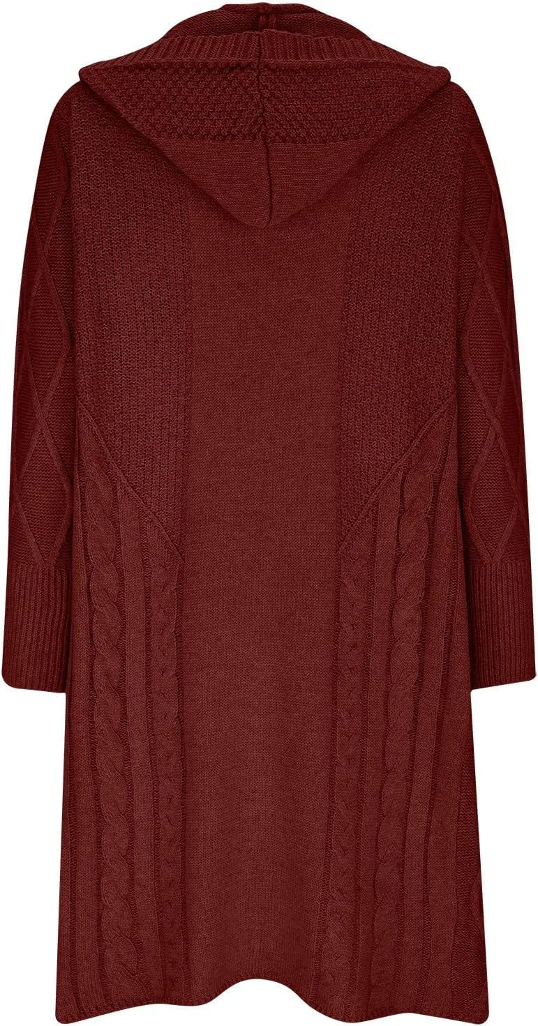 JOAU Women's Long Sleeve Open Front Cardigan Chunky Cable Knit Hooded Sweater Casual Loose Fit Midi Fall Winter Coat Top