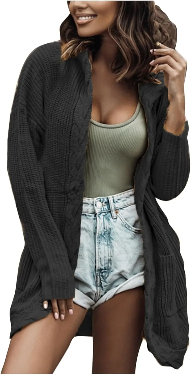 JOAU Women's Long Sleeve Soft Chunky Cable Knit Sweater Open Front Hooded Cardigans Outwear Casual Fall Winter Pockets Coat
