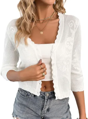 Kate Kasin Women's 2025 Cropped Cardigan Sweaters Trendy Lightweight 3/4 Sleeve Button Down Crochet Textured Shrugs Top