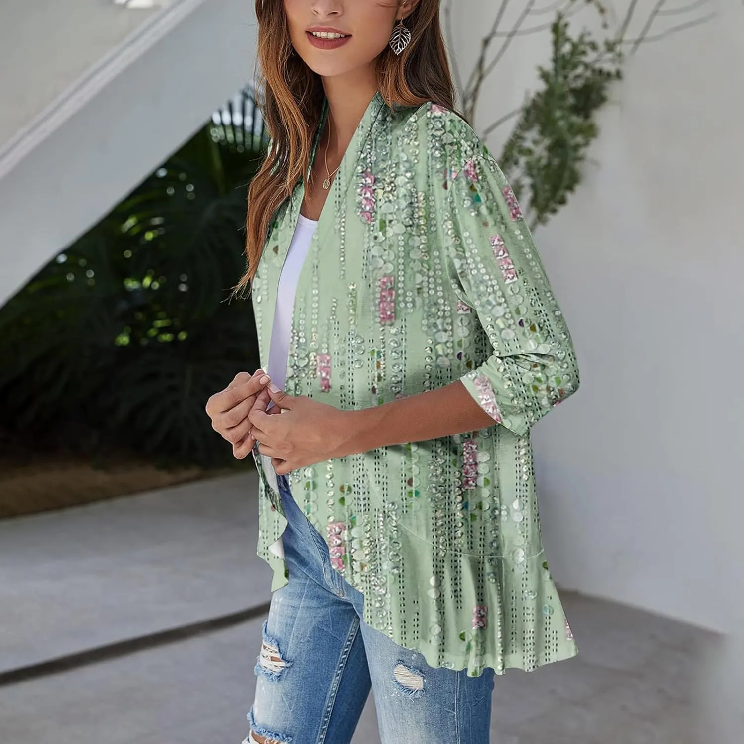 Kimonos for Women Breathable Open Front Tops Lightweight Cardigan Lrregular Hemline Cover Up Loose Fit Casual Coat
