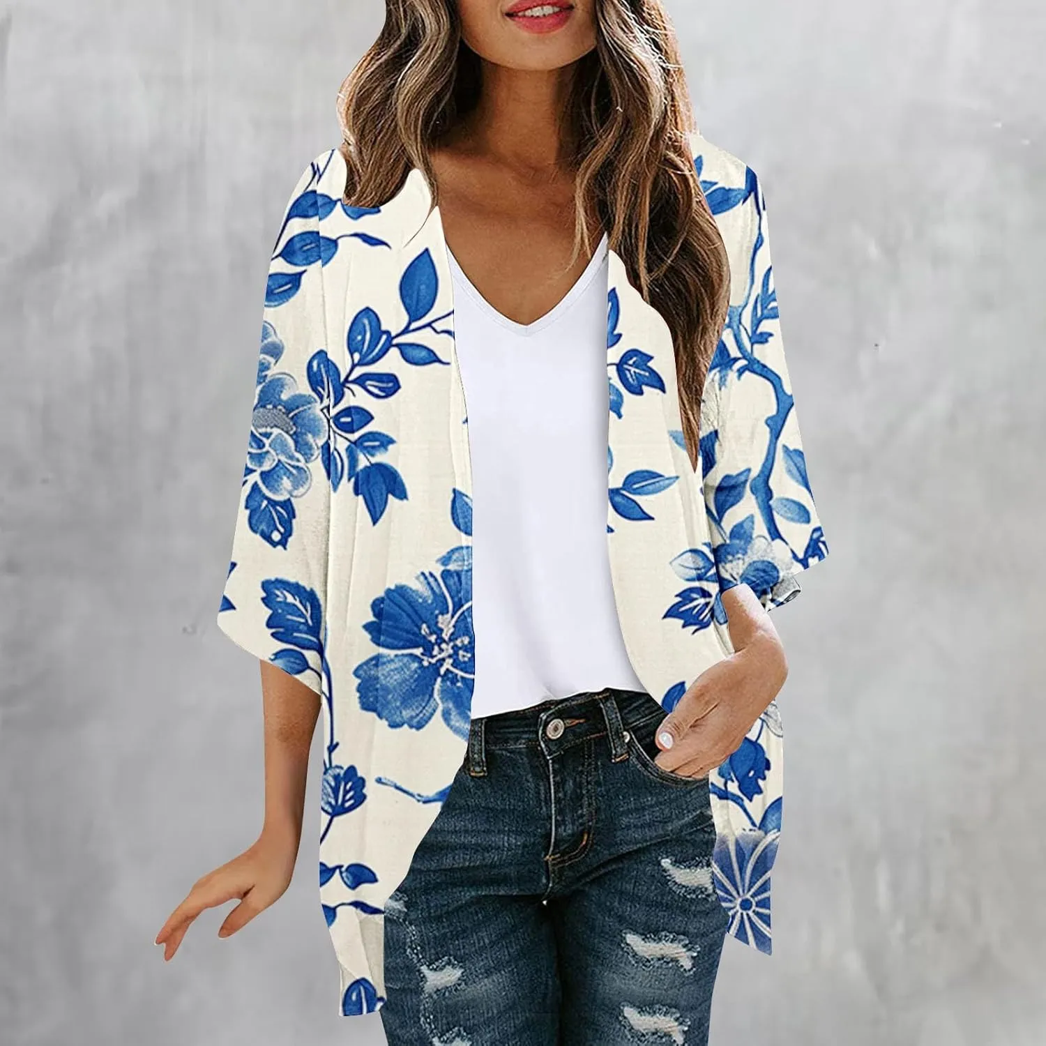 Kimonos for Women Summer Chiffon Beach Cover Up Lightweight Open Front 3/4 Sleeve Cardigan Vacation Outfits