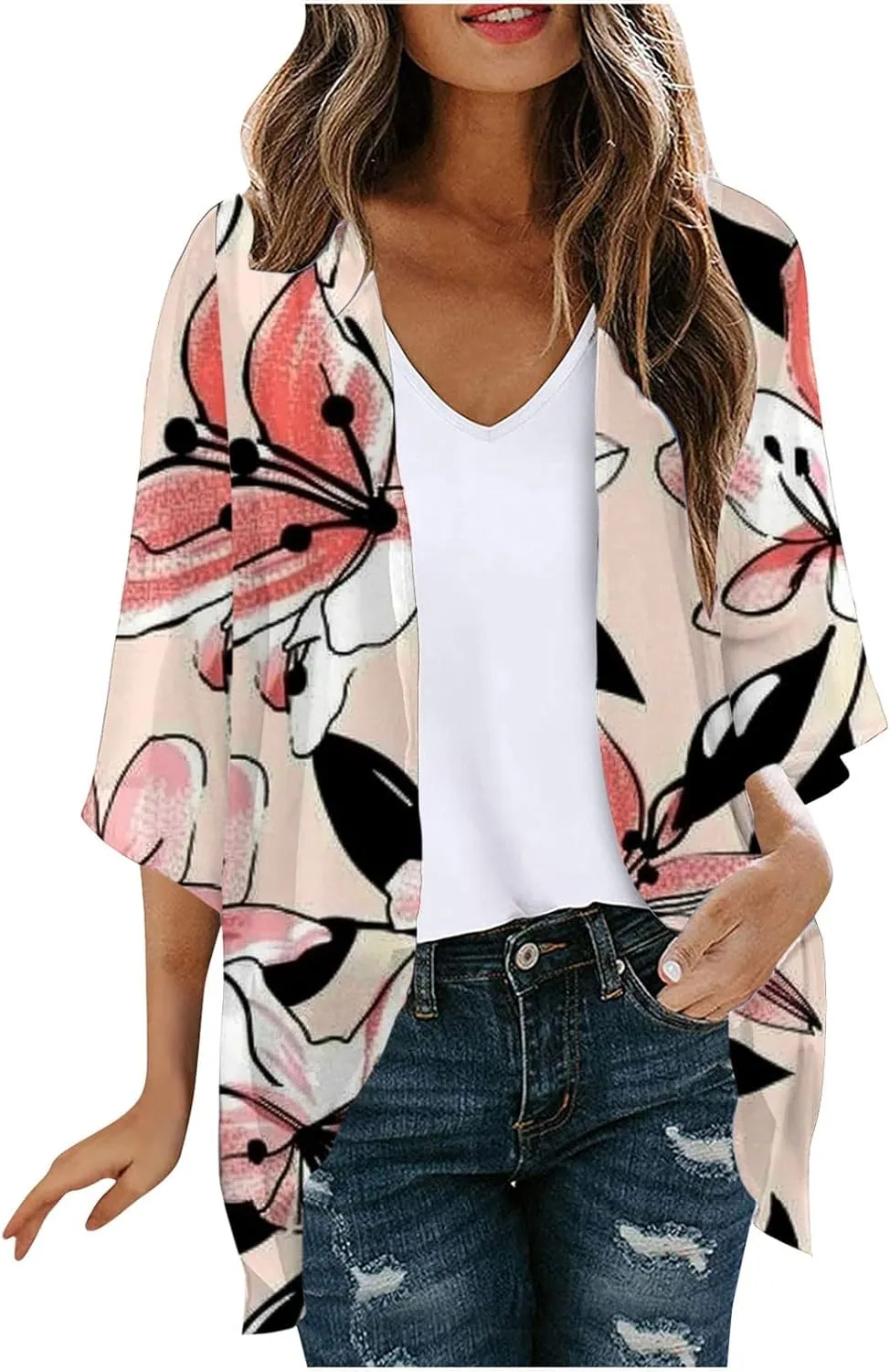 Kimonos for Women Summer Chiffon Beach Cover Up Lightweight Open Front 3/4 Sleeve Cardigan Vacation Outfits