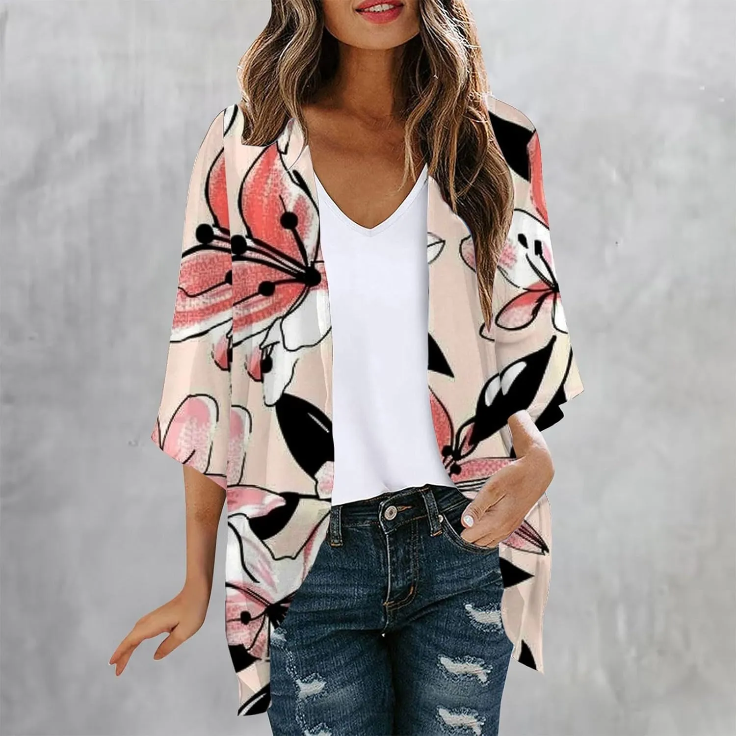 Kimonos for Women Summer Chiffon Beach Cover Up Lightweight Open Front 3/4 Sleeve Cardigan Vacation Outfits