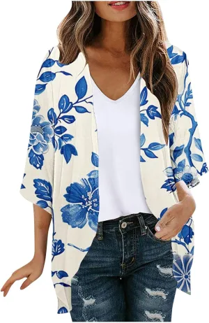 Kimonos for Women Summer Chiffon Beach Cover Up Lightweight Open Front 3/4 Sleeve Cardigan Vacation Outfits