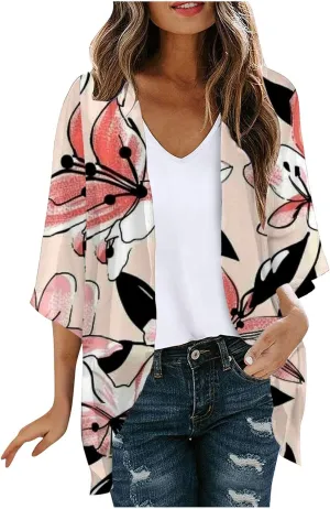 Kimonos for Women Summer Chiffon Beach Cover Up Lightweight Open Front 3/4 Sleeve Cardigan Vacation Outfits