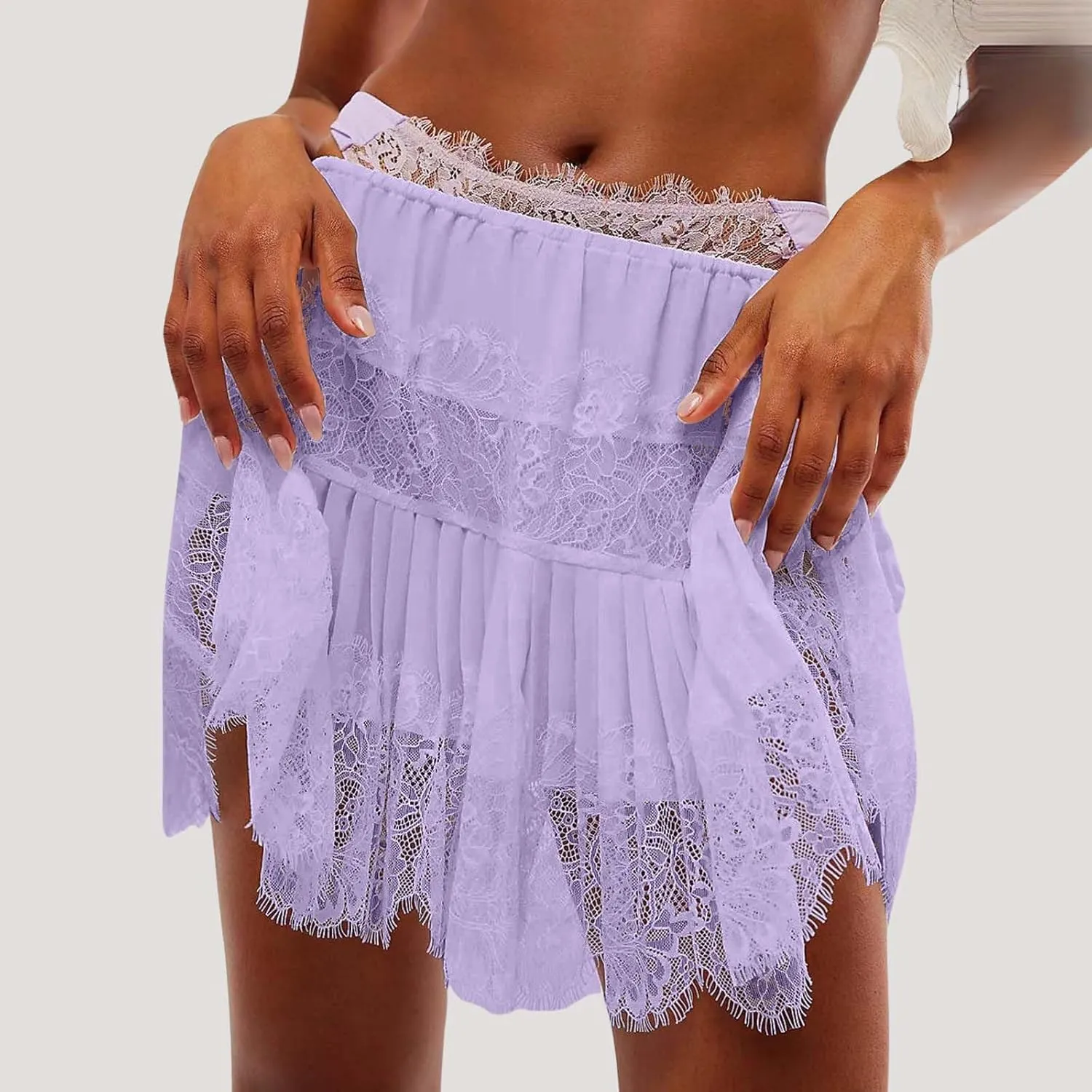 Knee Length Skirts for Women Double Ruffle Hem Lightweight Sheer Low Rise Dance Lace Patchwork Short Skirts Summer