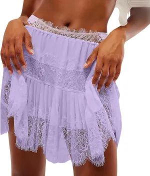 Knee Length Skirts for Women Double Ruffle Hem Lightweight Sheer Low Rise Dance Lace Patchwork Short Skirts Summer