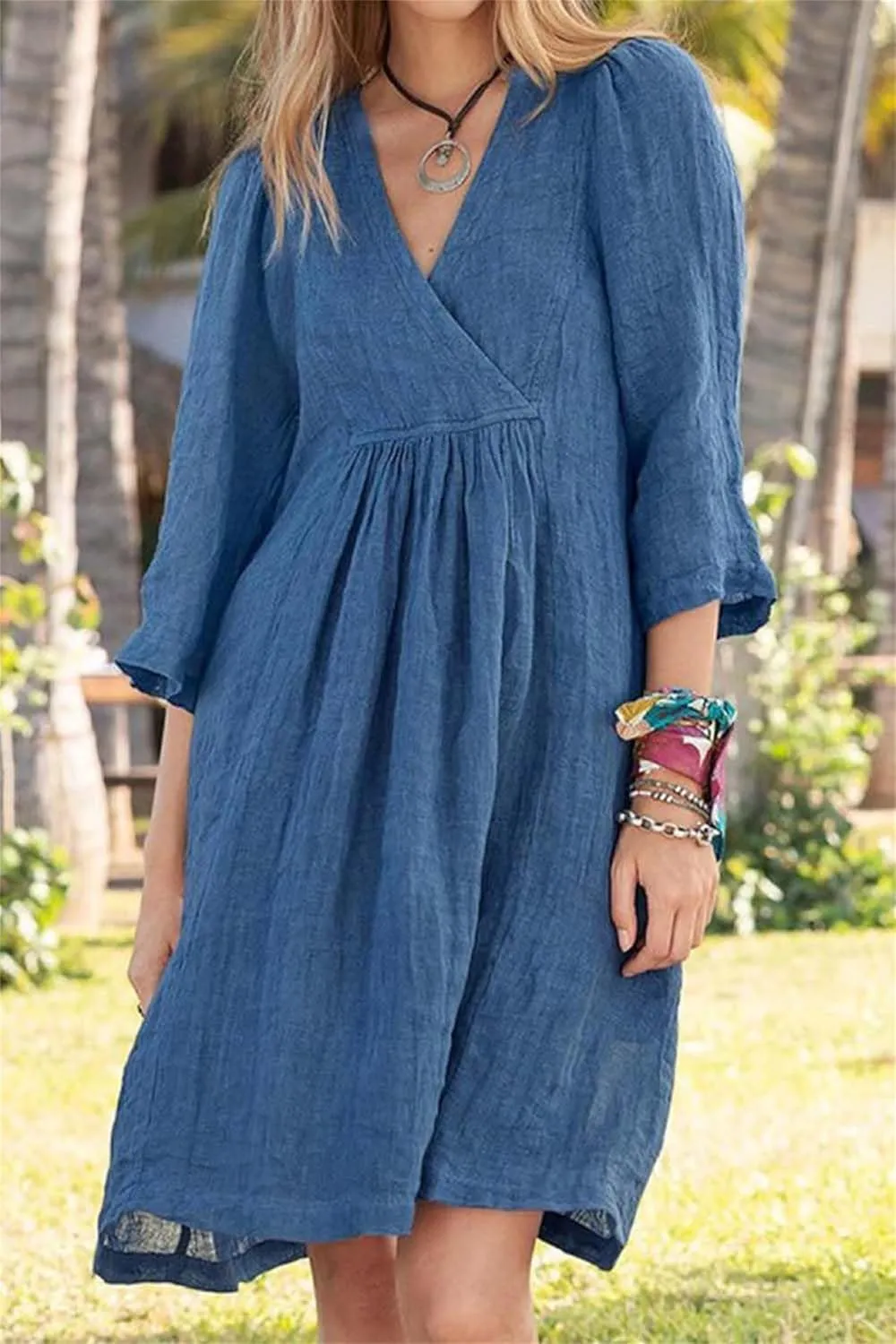 Kubbon Linen Dresses for Women Casual 3/4 Sleeve Midi Dress Wrap V Neck High Waisted Flowy Dresses Vacation Outfits