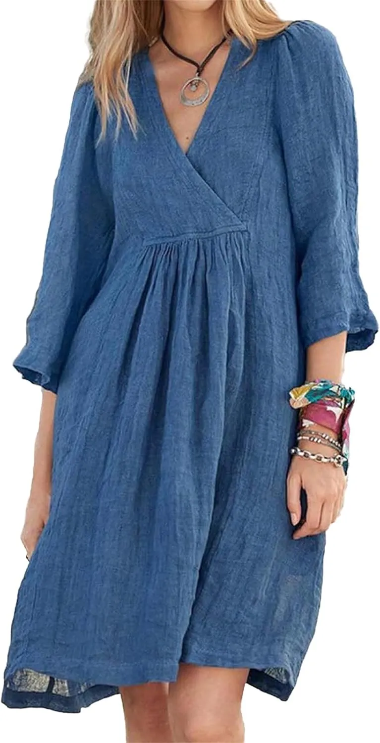 Kubbon Linen Dresses for Women Casual 3/4 Sleeve Midi Dress Wrap V Neck High Waisted Flowy Dresses Vacation Outfits