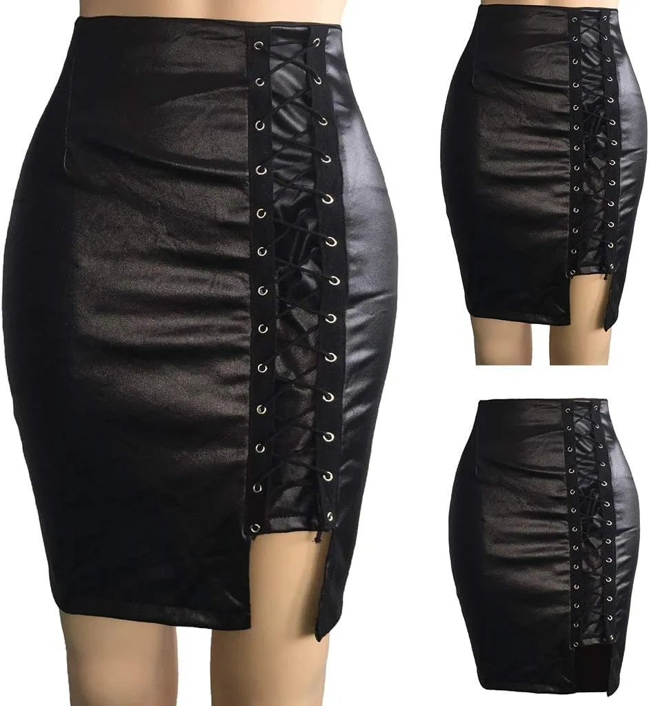 Leather Skirts for Women Midi Length Trendy Fashion High Elastic Waist PU Slim Fit Lace Up Business Short Skirts
