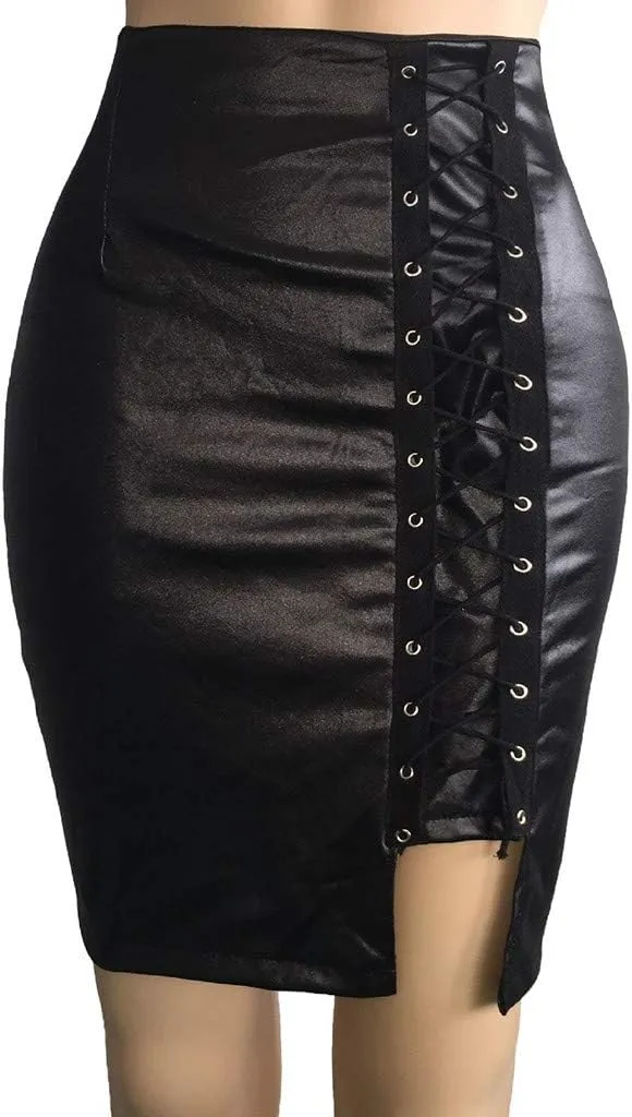 Leather Skirts for Women Midi Length Trendy Fashion High Elastic Waist PU Slim Fit Lace Up Business Short Skirts