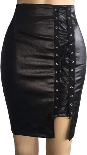 Leather Skirts for Women Midi Length Trendy Fashion High Elastic Waist PU Slim Fit Lace Up Business Short Skirts