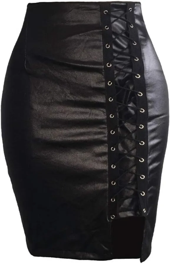 Leather Skirts for Women Midi Length Trendy Fashion High Elastic Waist PU Slim Fit Lace Up Business Short Skirts