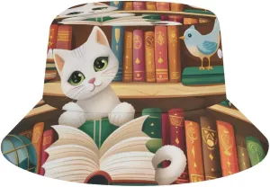 Library Bookshelf Lovely Cat Bucket Hat Summer Sun Hat Fishing Cap for Men Women for Beach