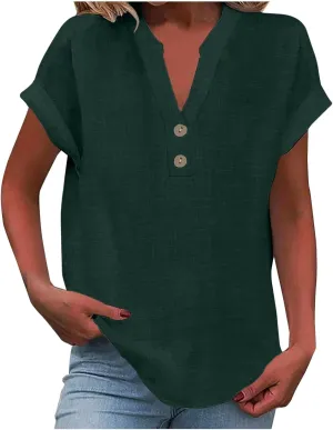 Linen Blouse for Women Plus Size Loose Fit Cotton Gauze Tops V Neck Button Down Henley Shirts Casual Solid Vacation Beach Tee